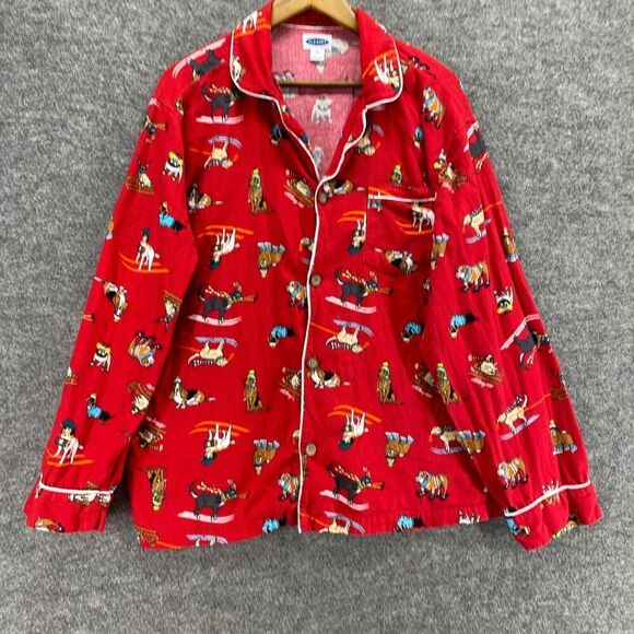 Old Navy Sleepshirt Women XL Red Dog Print Button Up Flannel Long Sleeve Cotton - Picture 4 of 9